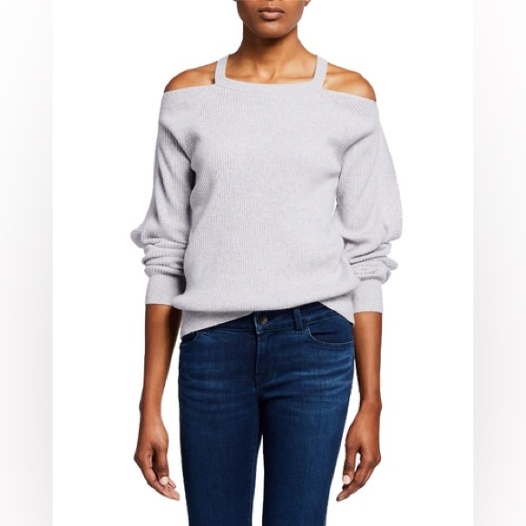 J BRAND Women’s Mackenzie 100% Cashmere Cold-Shoulder Sweater Gray Medium Knit - Picture 1 of 13